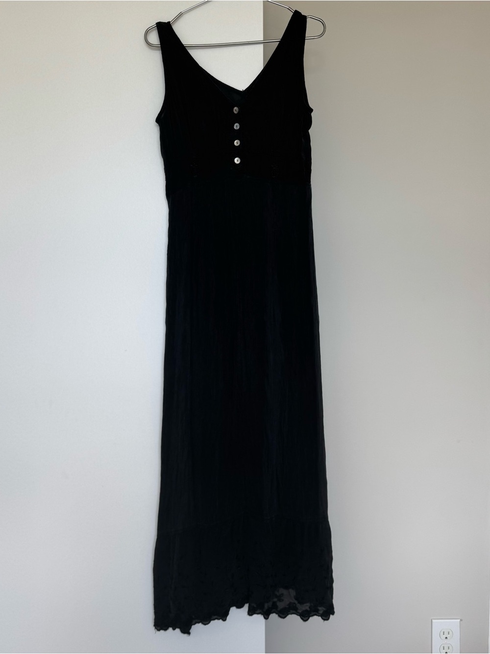 Vintage 90s Johnny Was Collection Crinkle Silk Maxi Dress Embroidered Hem S